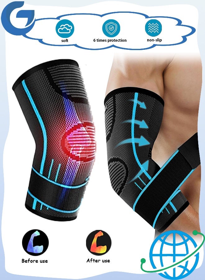 Elbow Support Brace with Strap - Elbow Compression Sleeve, Tennis Elbow Brace for Men Women Elbow Pads Soothing Joint Discomfort for Weightlifting Workouts Arm Brace Blue (Medium) - Image 1